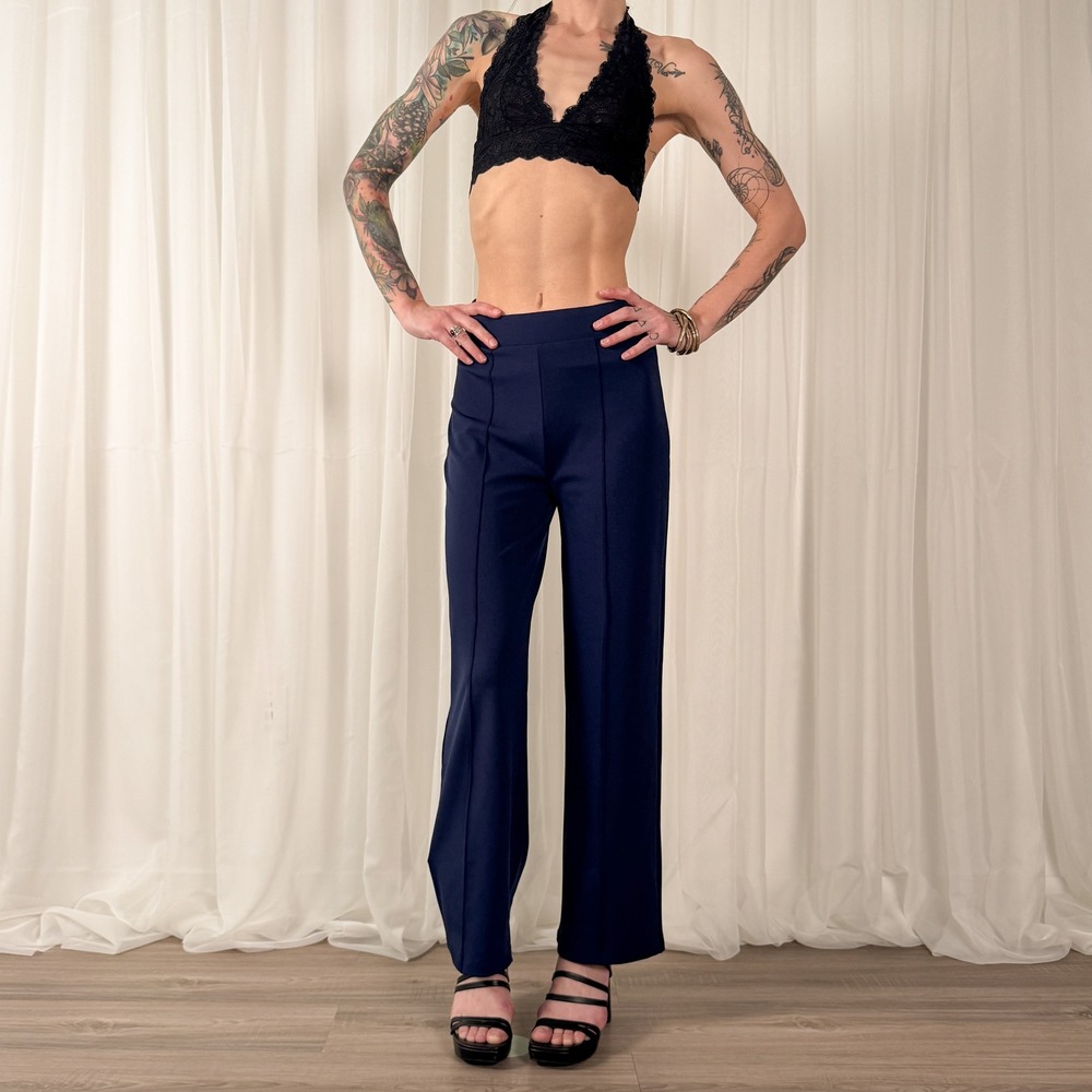 Navy Wide Leg Trousers High Rise Stretch Pants Minimalist Workwear Size M - Picture 3 of 6